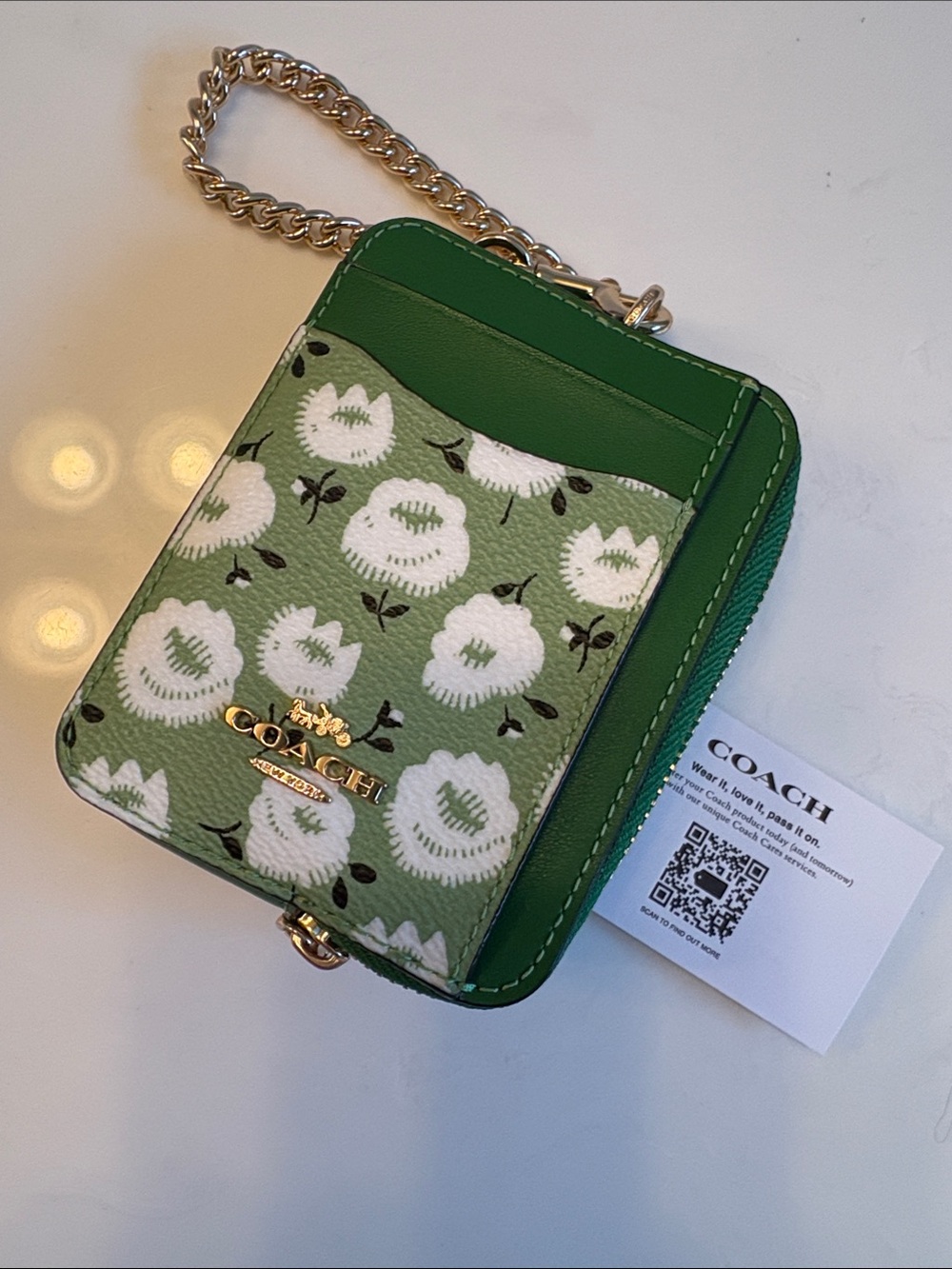 Coach Green Floral Card Holder with Gold Chain - Picture 5 of 6